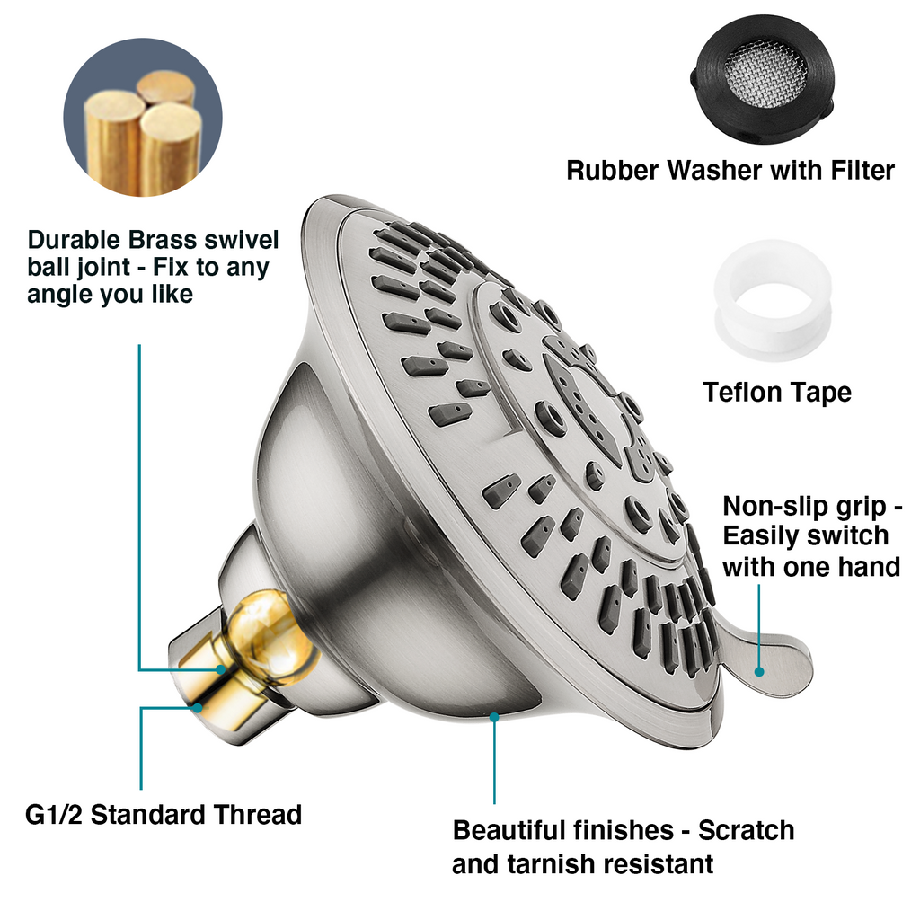 High Pressure 5-Spray Fixed Shower Head, Angle Adjustable