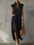 Women’s Cotton-Linen Sleeveless Solid-Color Shirt Dress
