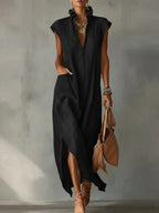 Women’s Cotton-Linen Sleeveless Solid-Color Shirt Dress