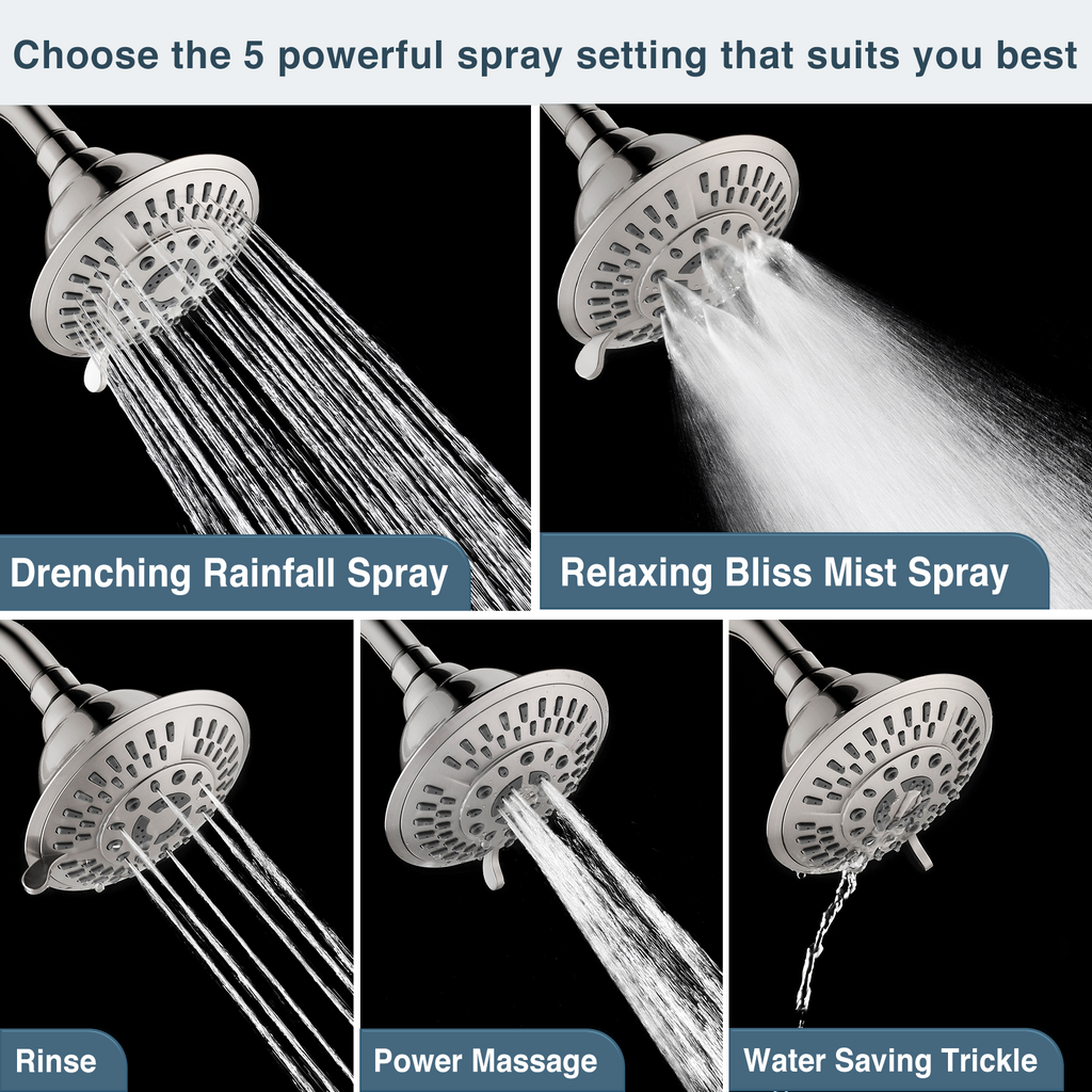 High Pressure 5-Spray Fixed Shower Head, Angle Adjustable