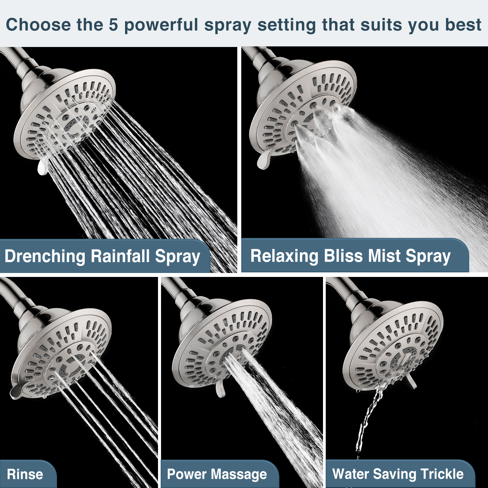 High Pressure 5-Spray Fixed Shower Head, Angle Adjustable