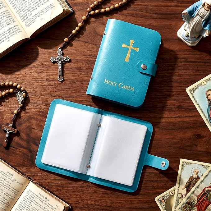 Catholic Faux Leather Holy Card Holder – Pocket Prayer Card Organizer with Snap Closure