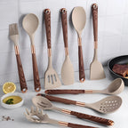 10-Piece Ergonomic Silicone Kitchen Utensil Set with Wooden Handles and Copper Accents