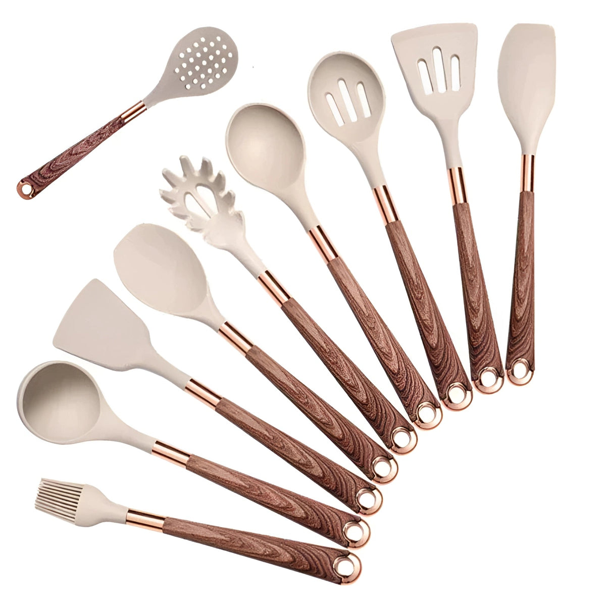10-Piece Ergonomic Silicone Kitchen Utensil Set with Wooden Handles and Copper Accents