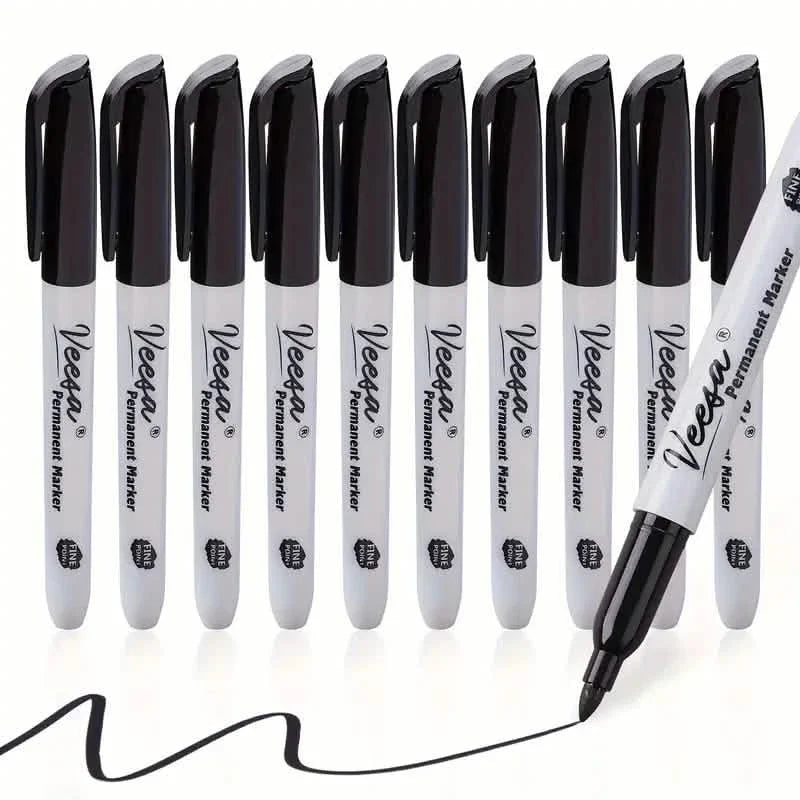 10-Pieces: Black Permanent Markers Fine Tip