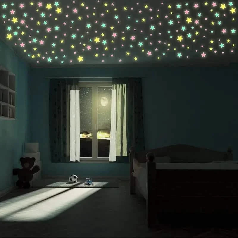 100-Pieces: Glow-in-the-Dark Fluorescent Wall & Ceiling Star Stickers