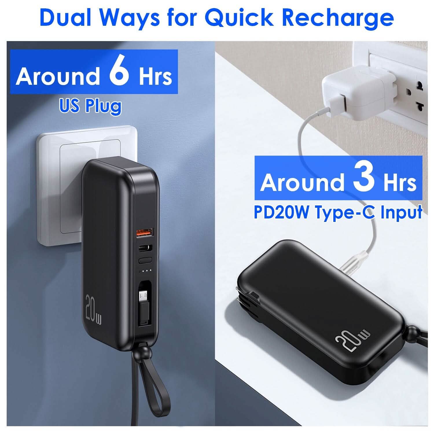 10000mAh Portable Charger with US Plug 3 Inbuilt Cables