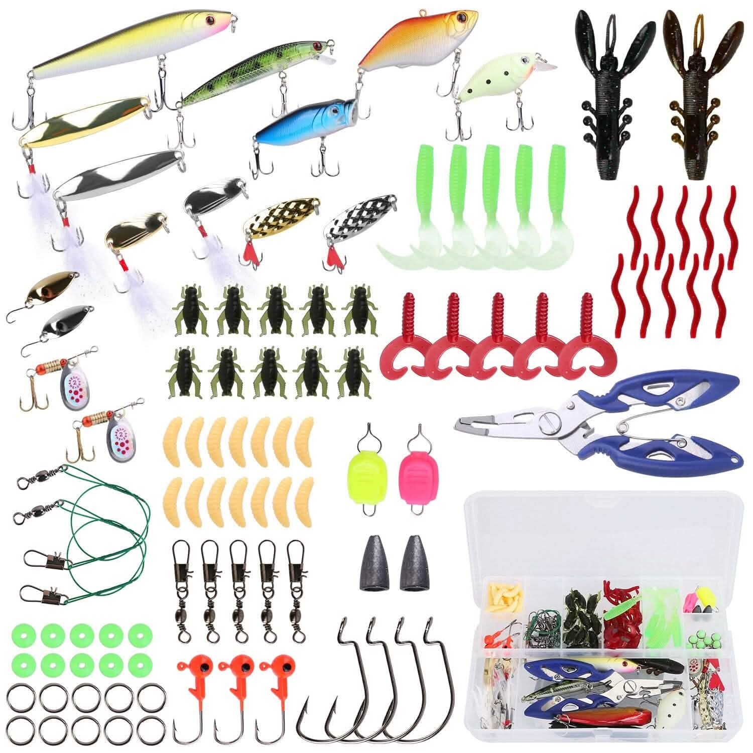 101-Pieces: Fishing Lure Kit Soft Plastic Fishing Baits Set with Soft Worms Crankbaits Box