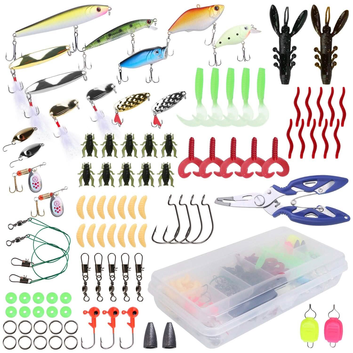 101-Pieces: Fishing Lure Kit Soft Plastic Fishing Baits Set with Soft Worms Crankbaits Box