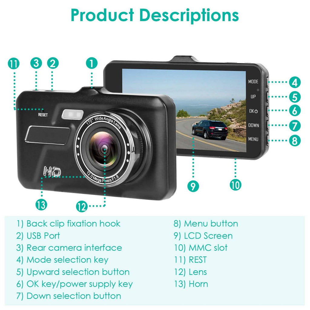 1080P 4-Inch Touch Screen Dual Dash Cam
