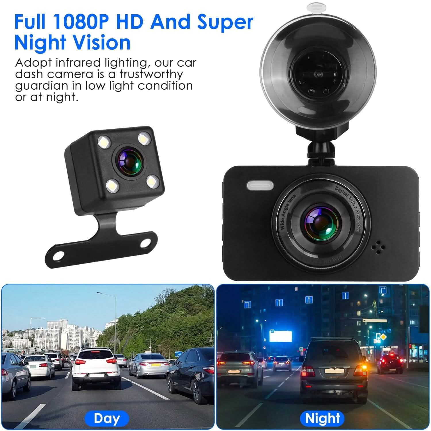 1080P Dual Dash Cam 3" Screen with Front and Rear Camera G-Sensor Motion Night Vision Loop Recording