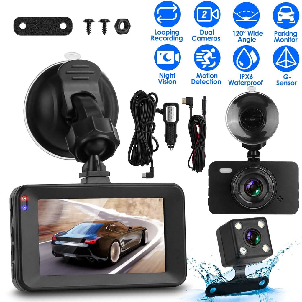 1080P Dual Dash Cam 3" Screen with Front and Rear Camera G-Sensor Motion Night Vision Loop Recording