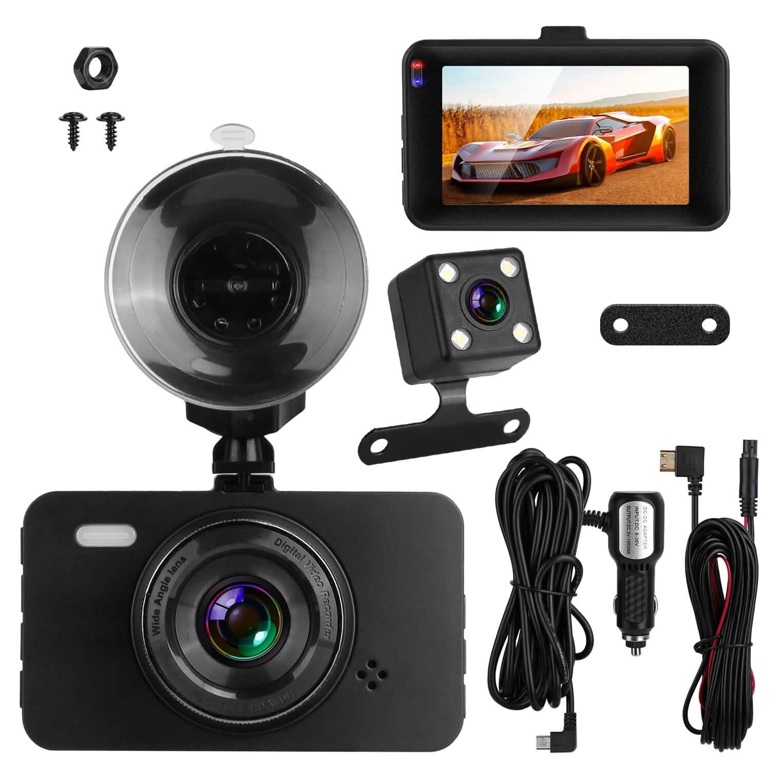 1080P Dual Dash Cam 3" Screen with Front and Rear Camera G-Sensor Motion Night Vision Loop Recording