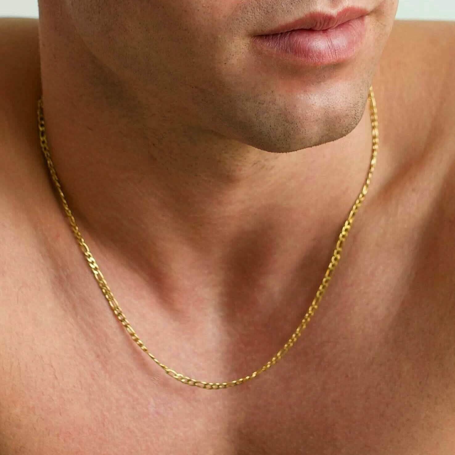 10K Solid Gold 3MM Italian Figaro Chain Link Pendant Necklace