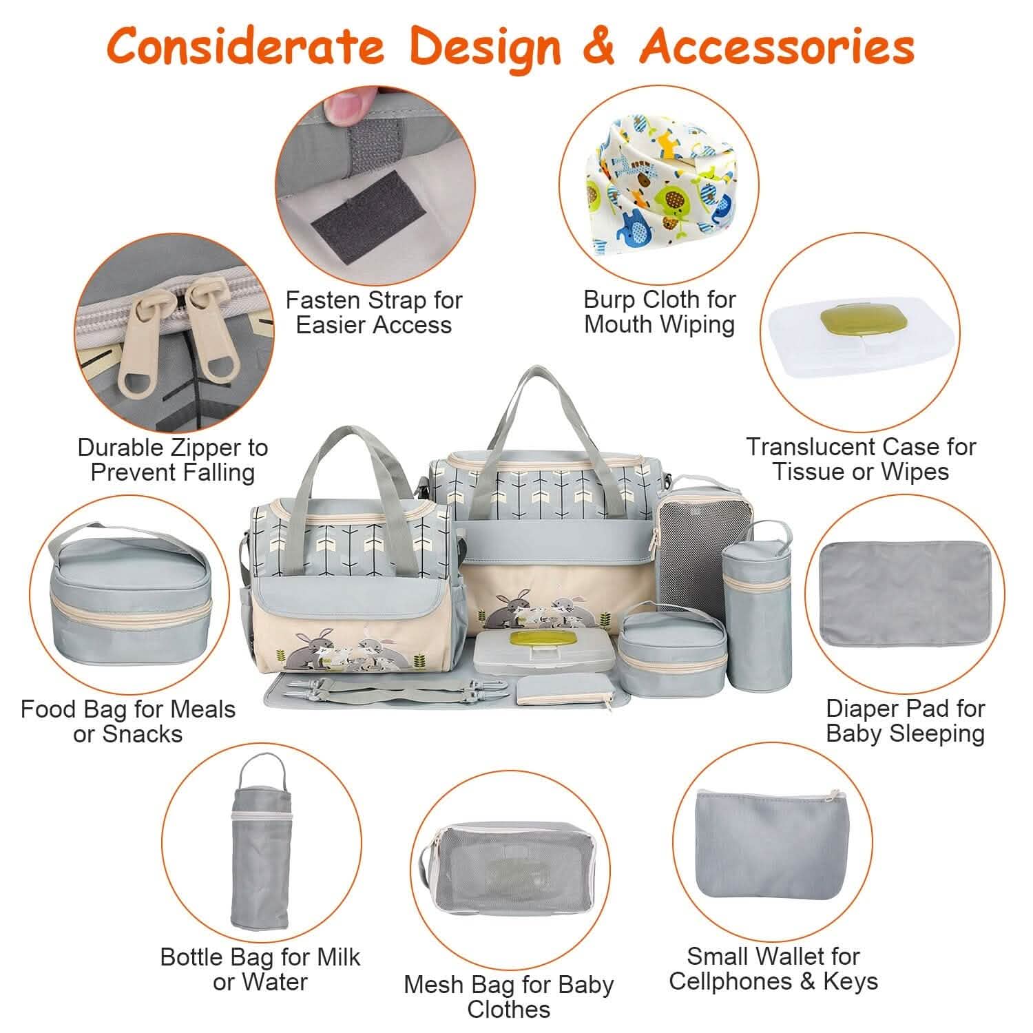11-Piece Set: Multifunctional Diaper Handbags with Food Bag