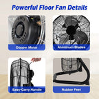12" Floor Fan Copper Motor High-Velocity with 3 Adjustable Speeds
