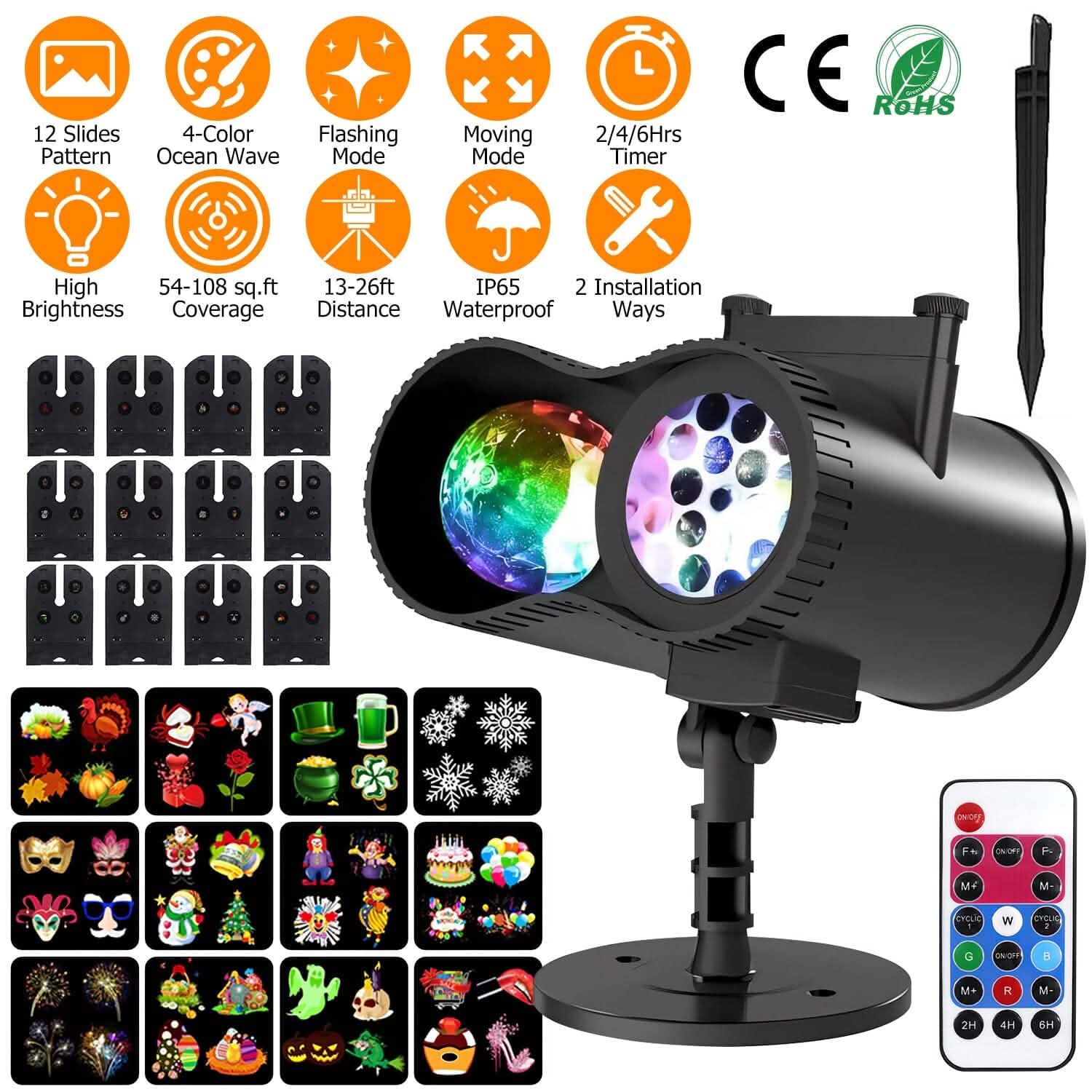 12 Patterns LED Projector Lights IP65 Waterproof Ocean Wave Projector Lamp with Remote Control Timer