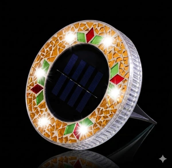 Mosaic Solar Disk Lights, Waterproof LED Outdoor In‑Ground Tabletop Lighting