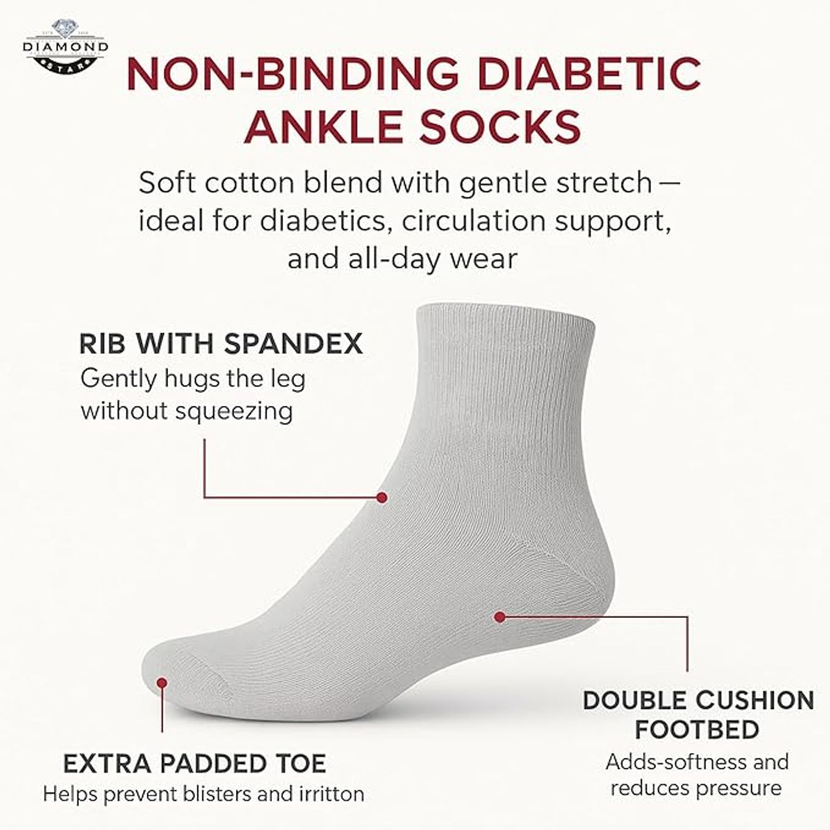 Cotton Non-Binding Diabetic & Circulatory Quarter Socks (12-Pairs)