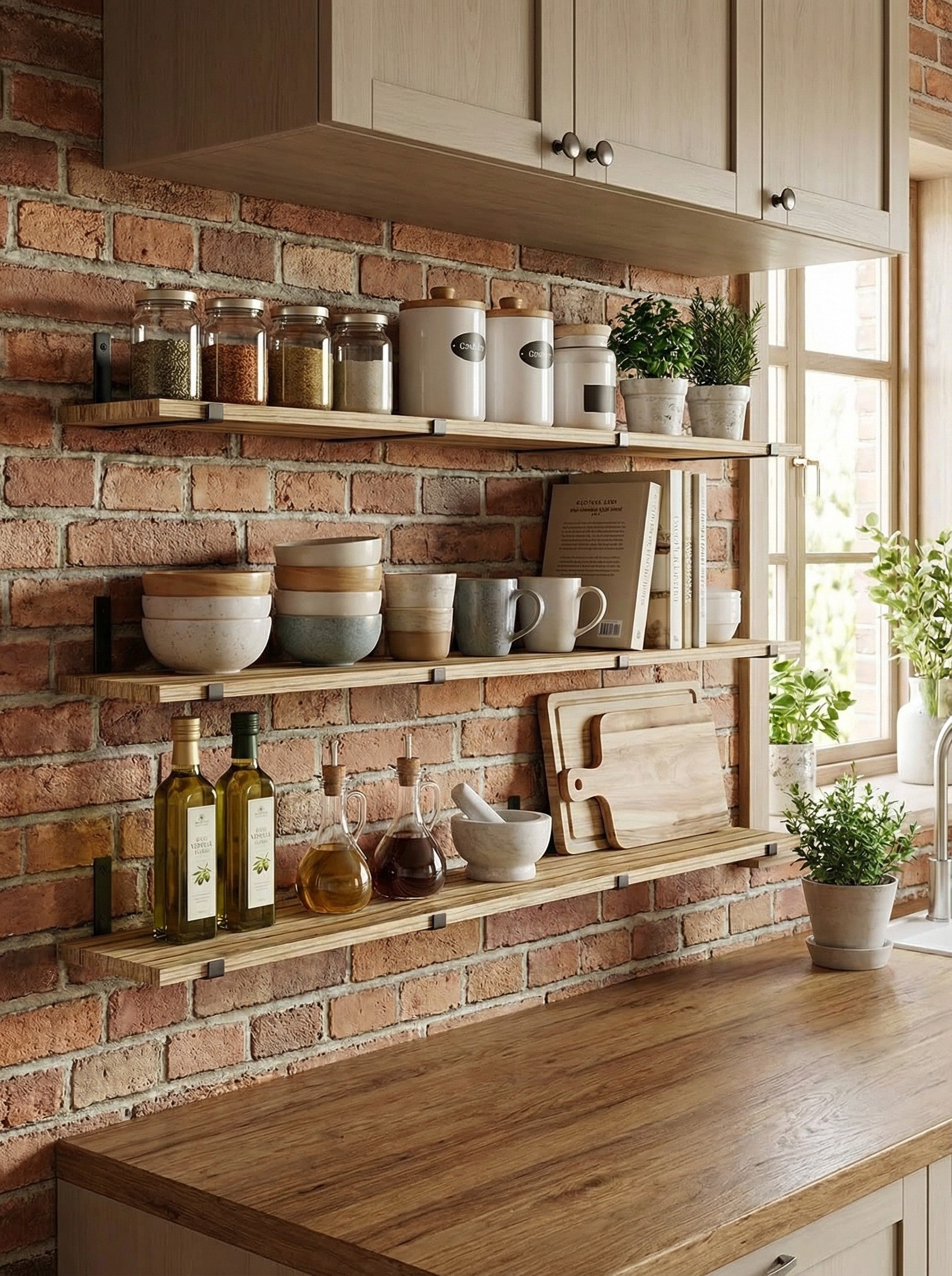 Rustic Wood Floating Wall Shelves with Metal Brackets