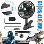 12V Car Fan Oscillating Clip on Cooling Fan with 2 Speeds 120° Rotation