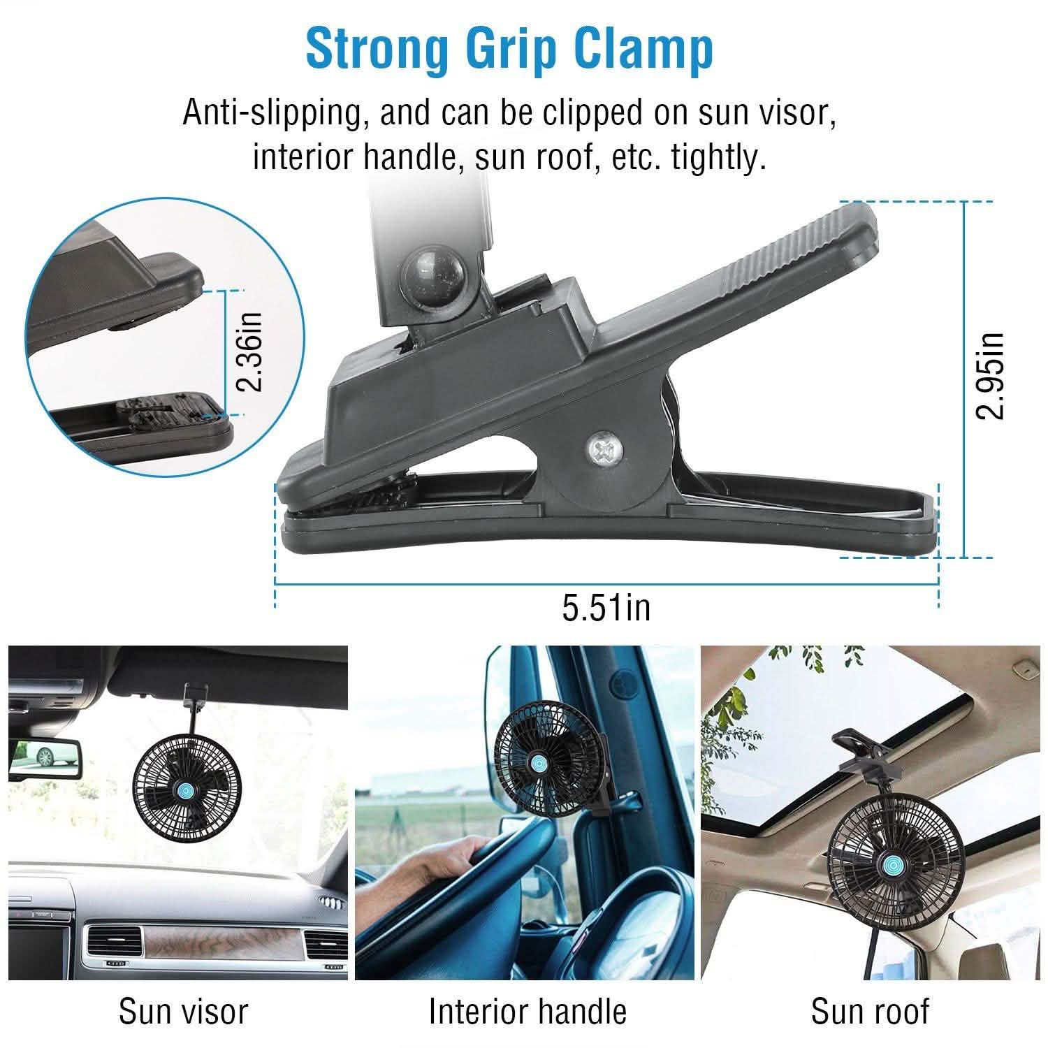 12V Car Fan Oscillating Clip on Cooling Fan with 2 Speeds 120° Rotation