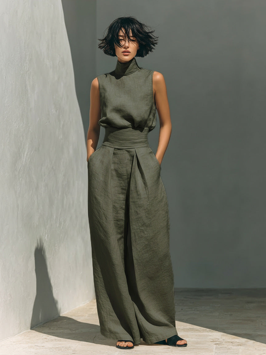 Women’s Cotton Linen Two-Piece Set – Sleeveless Top & Wide-Leg Pants