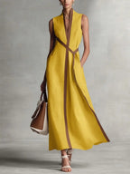 Women's Color Block Sleeveless Stand Collar Linen Blend Dress