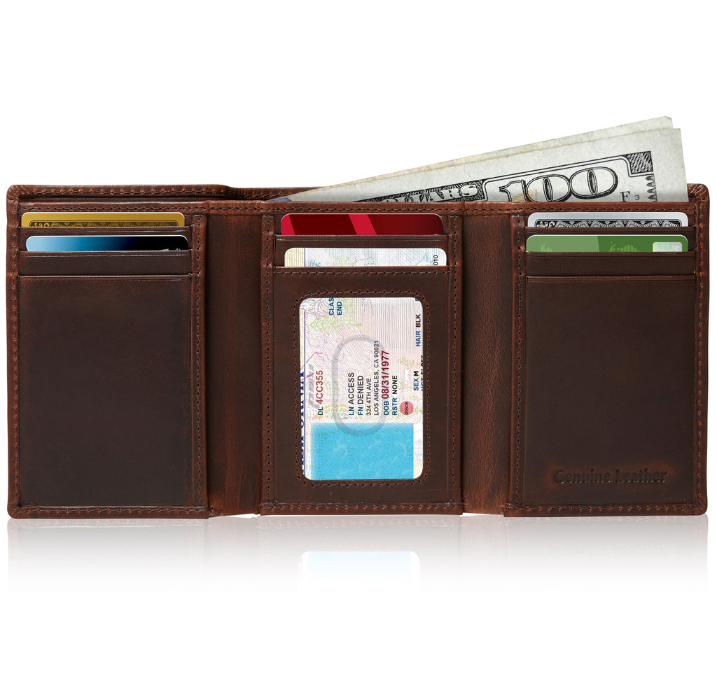 Genuine Leather Trifold Wallet – ID Window, RFID Blocking