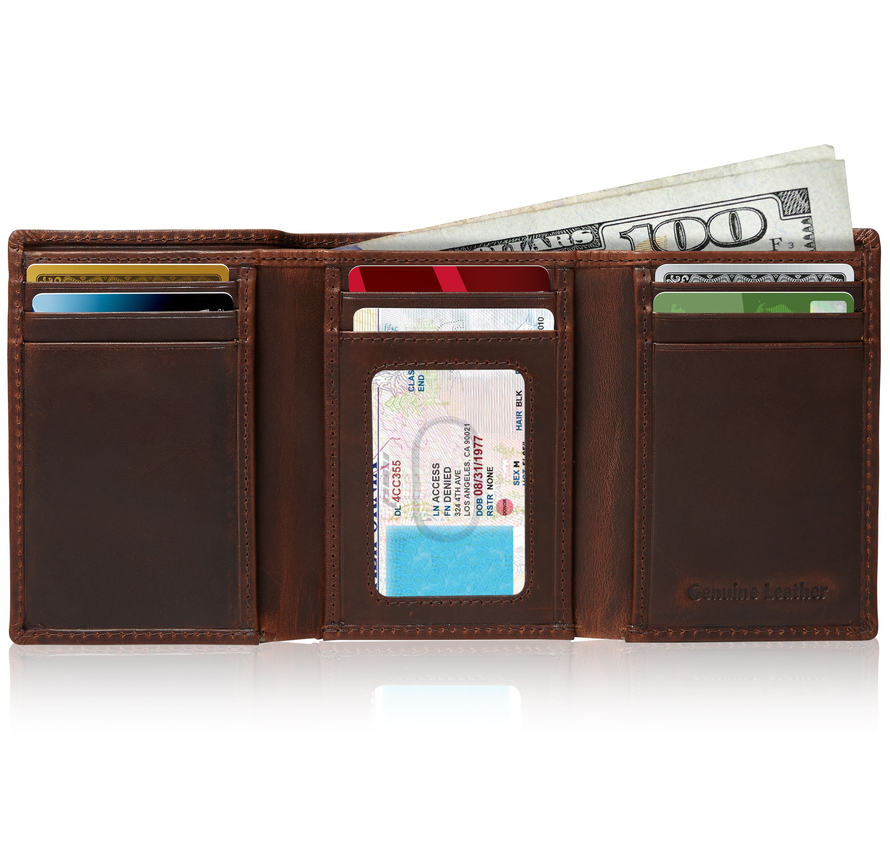 Genuine Leather Trifold Wallet – ID Window, RFID Blocking