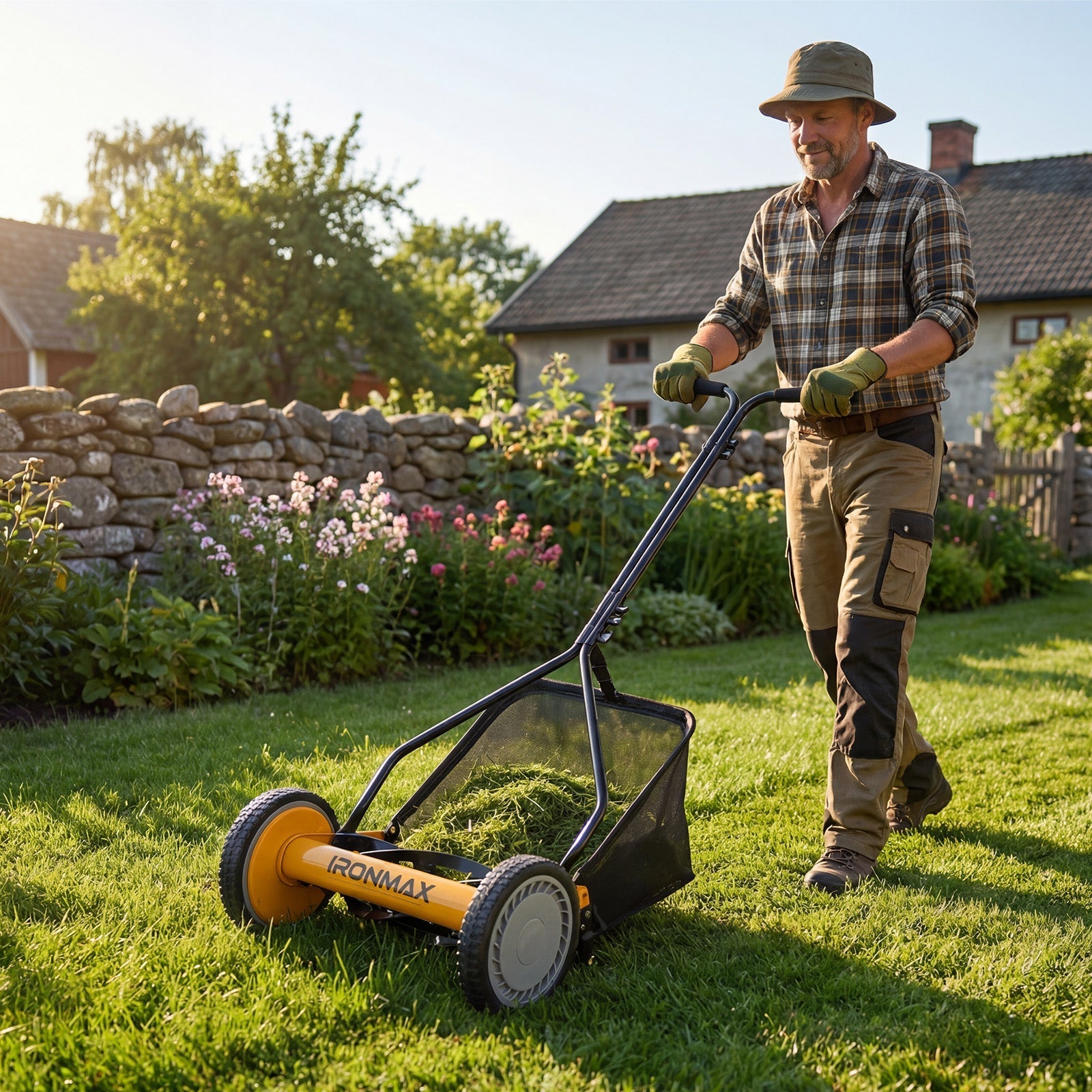 14 Inch Push Lawn Mower with 5 Steel Blades and Grass Catcher Bag