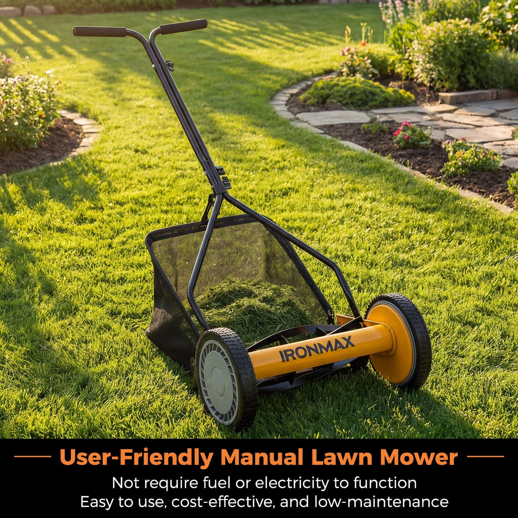 14 Inch Push Lawn Mower with 5 Steel Blades and Grass Catcher Bag