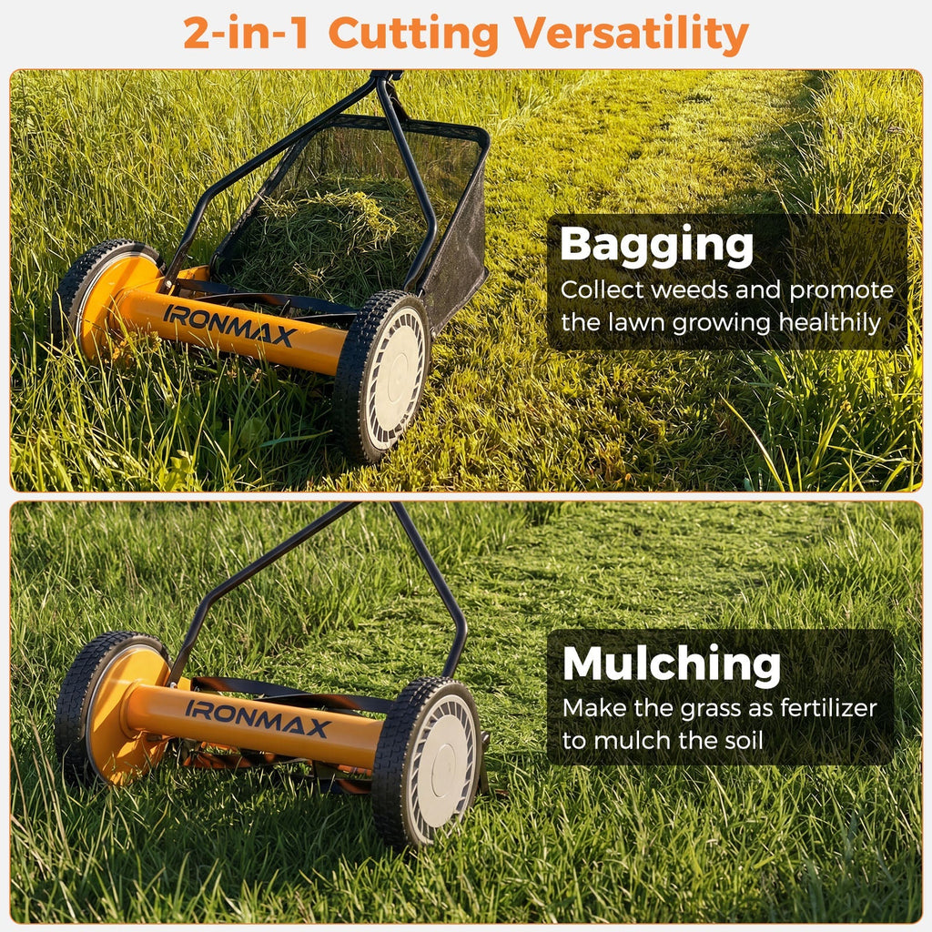 14 Inch Push Lawn Mower with 5 Steel Blades and Grass Catcher Bag