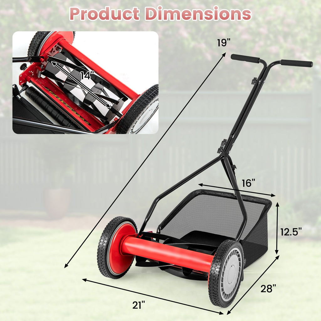 14 Inch Push Lawn Mower with 5 Steel Blades and Grass Catcher Bag