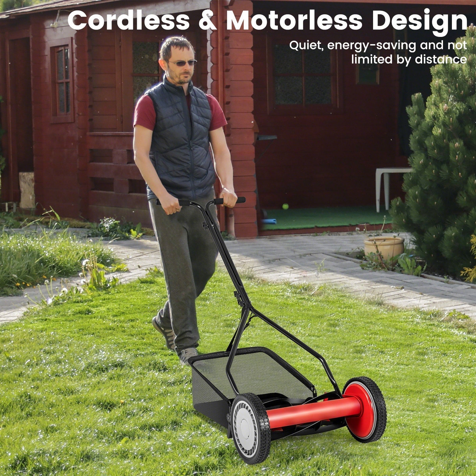 14 Inch Push Lawn Mower with 5 Steel Blades and Grass Catcher Bag