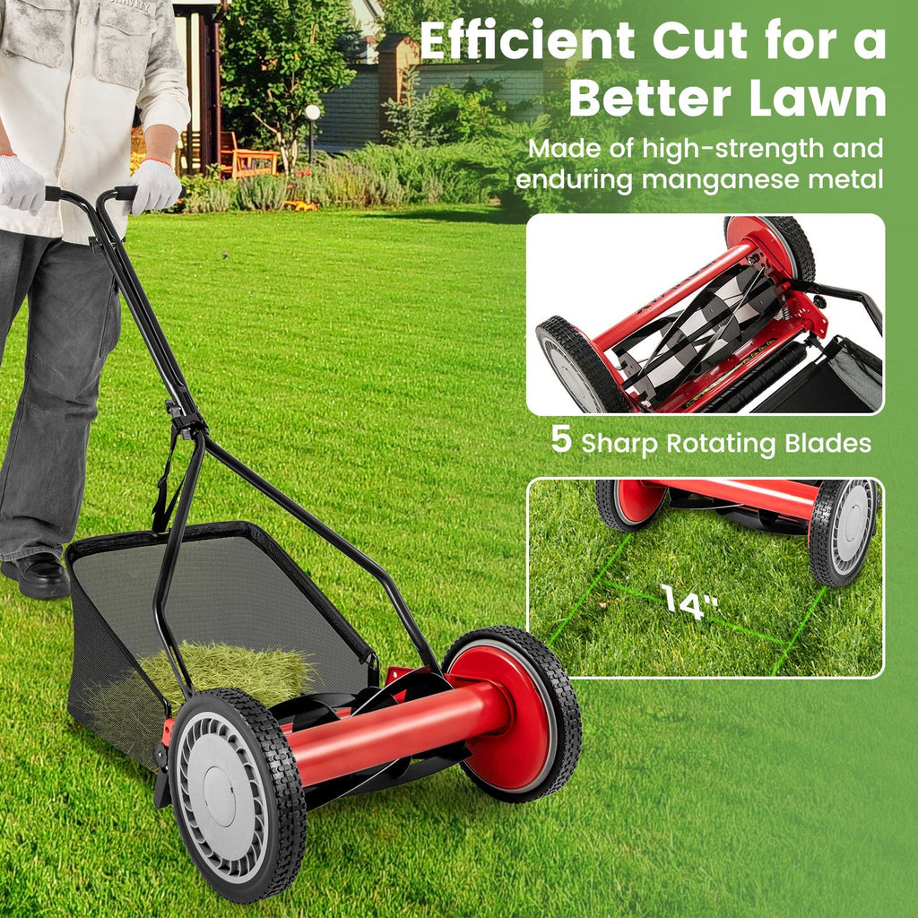 14 Inch Push Lawn Mower with 5 Steel Blades and Grass Catcher Bag