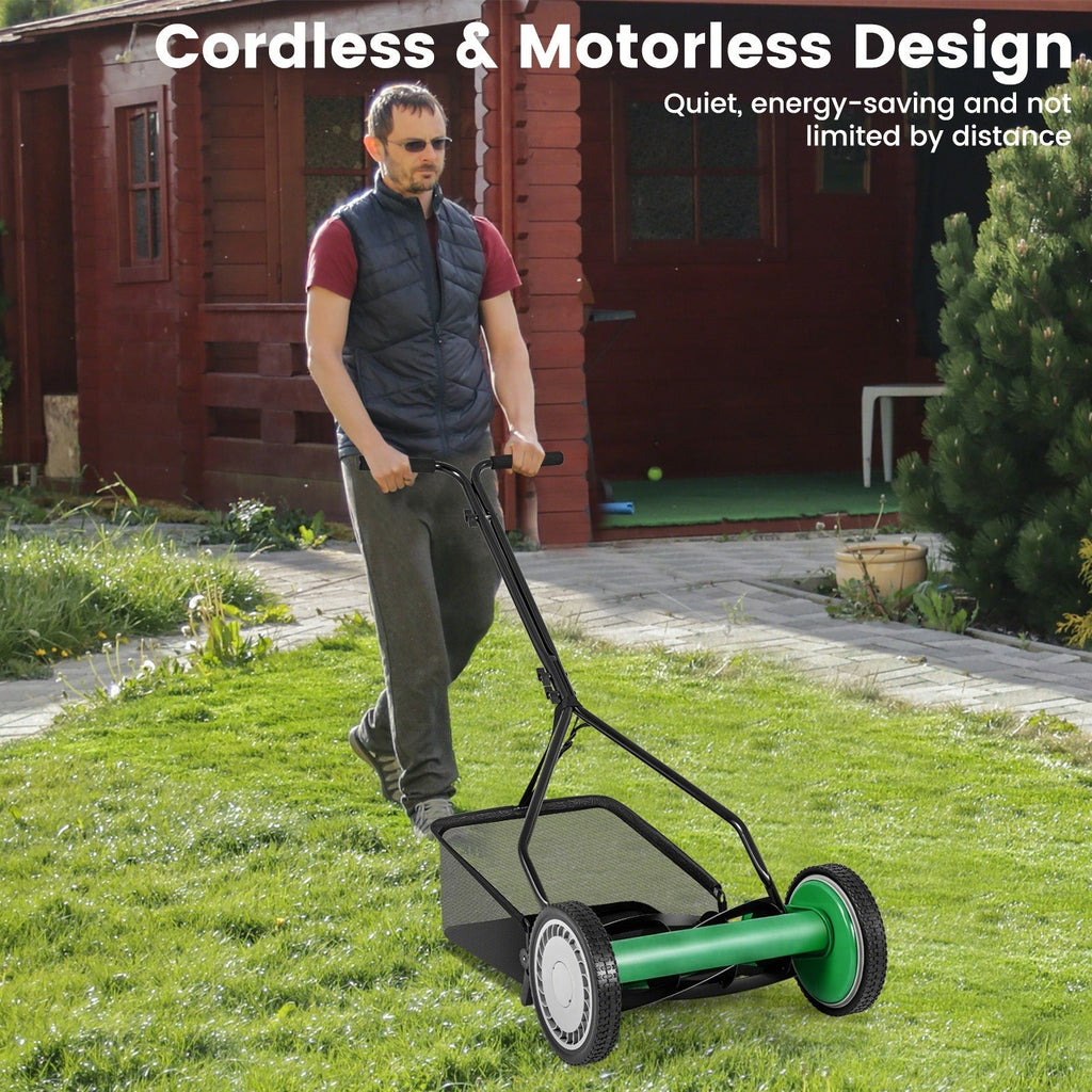 14 Inch Push Lawn Mower with 5 Steel Blades and Grass Catcher Bag