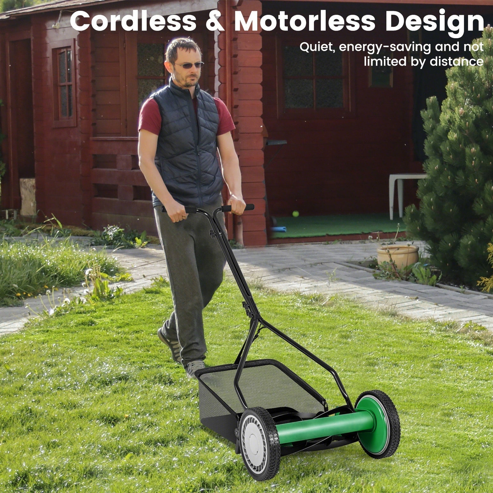 14 Inch Push Lawn Mower with 5 Steel Blades and Grass Catcher Bag
