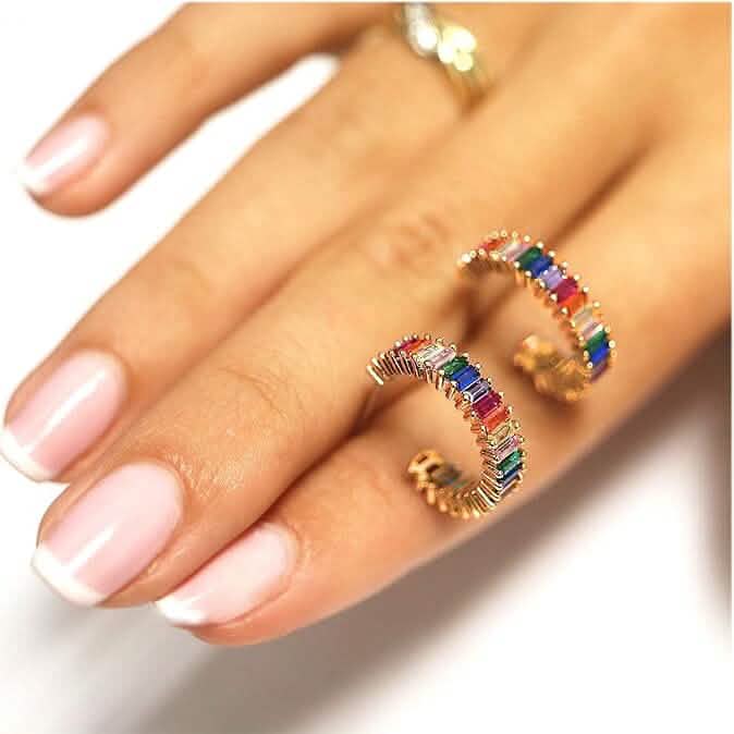 14K Gold Plated Cubic Zirconia Multicolor Rainbow Round Hoop Stud Earrings