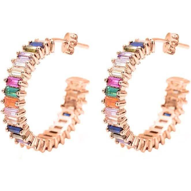 14K Gold Plated Cubic Zirconia Multicolor Rainbow Round Hoop Stud Earrings