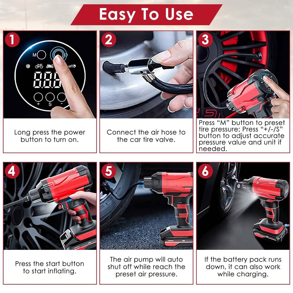 150 PSI 12V Portable Cordless Tire Pump 6000mAh Rechargeable with LED Light