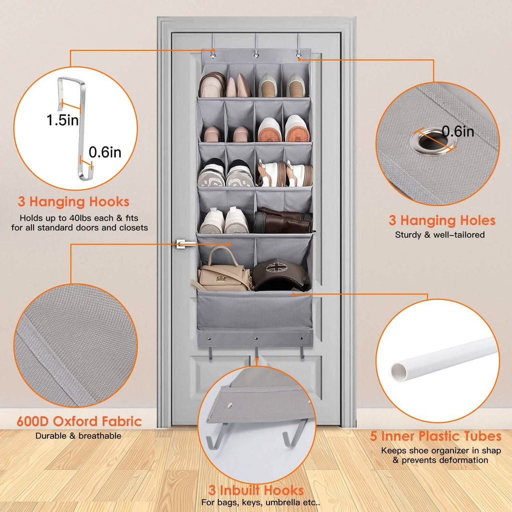 16 Pockets Over The Door Shoe Organizer 5 Tier with 6 Hooks