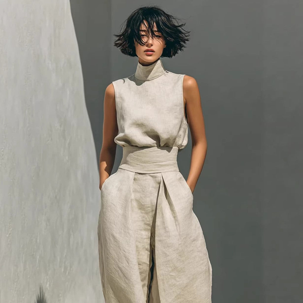 Women’s Cotton Linen Two-Piece Set – Sleeveless Top & Wide-Leg Pants