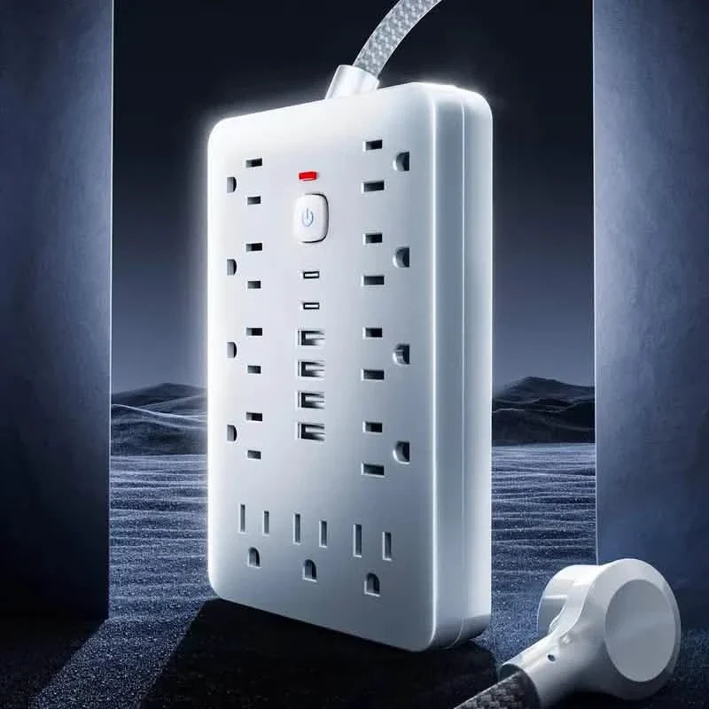 17-in-1 Surge Protector Power Cord 5Ft Braided Flat Extension Cable with 6 USB Chargers, 2 USB C, 11 AC Power Outlets
