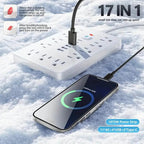 17-in-1 Surge Protector Power Cord 5Ft Braided Flat Extension Cable with 6 USB Chargers, 2 USB C, 11 AC Power Outlets
