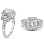 18k White Gold Tri Stone Emerald Cut Cubic Zirconia Ring