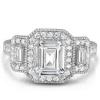 18k White Gold Tri Stone Emerald Cut Cubic Zirconia Ring