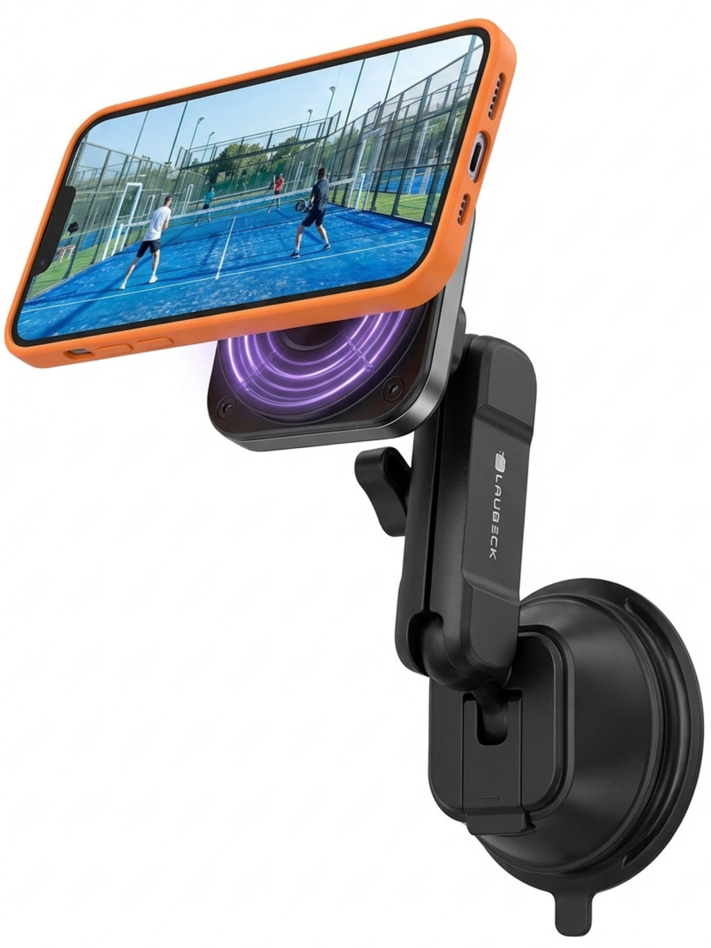 Padel Phone Holder for Glass Courts – MagSafe Compatible with Double Suction Cup & Aluminum Arm
