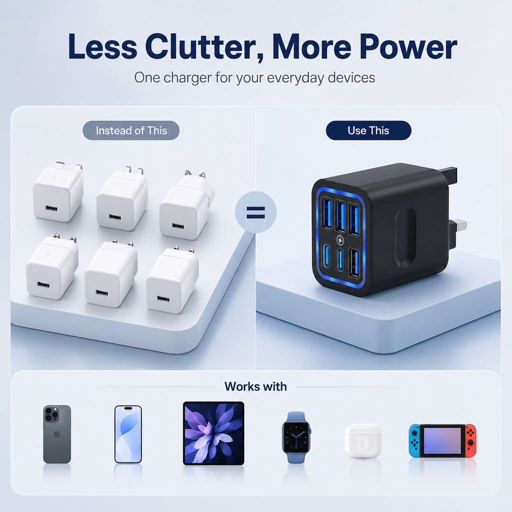 6-Port Travel Charger Adapter – Multi-Interface USB-C Charging Hub for Phones & Devices