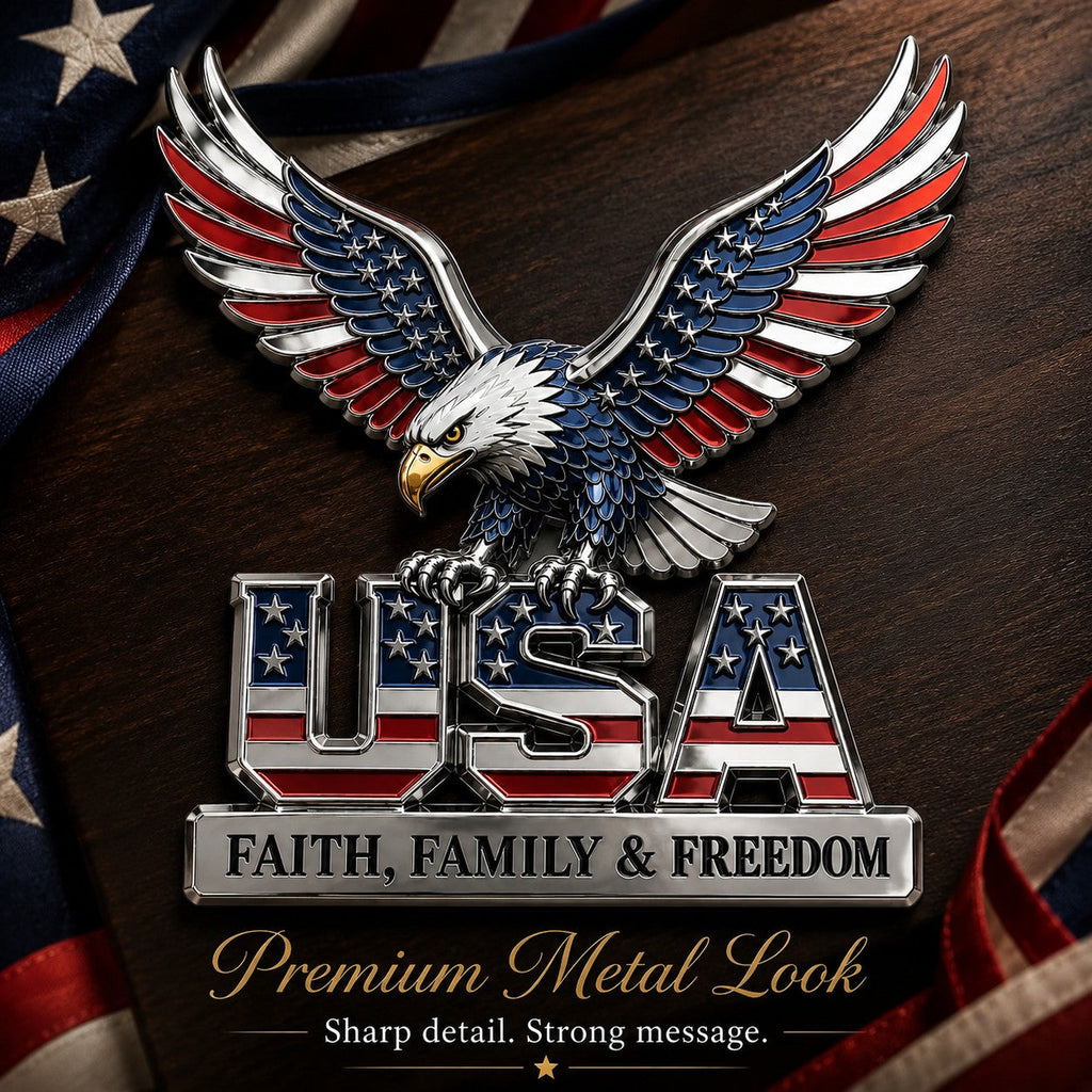 USA 250th Anniversary Metal Emblem – Faith, Family & Freedom Patriotic Decor